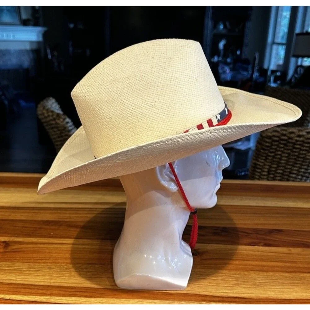 STETSON STRAW COWBOY WESTERN HAT American Flag Band W/ Drawsting 54cm Or 6 3/4